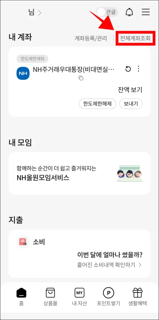 NH올원뱅크 앱에서 '전체계좌조회'를 선택