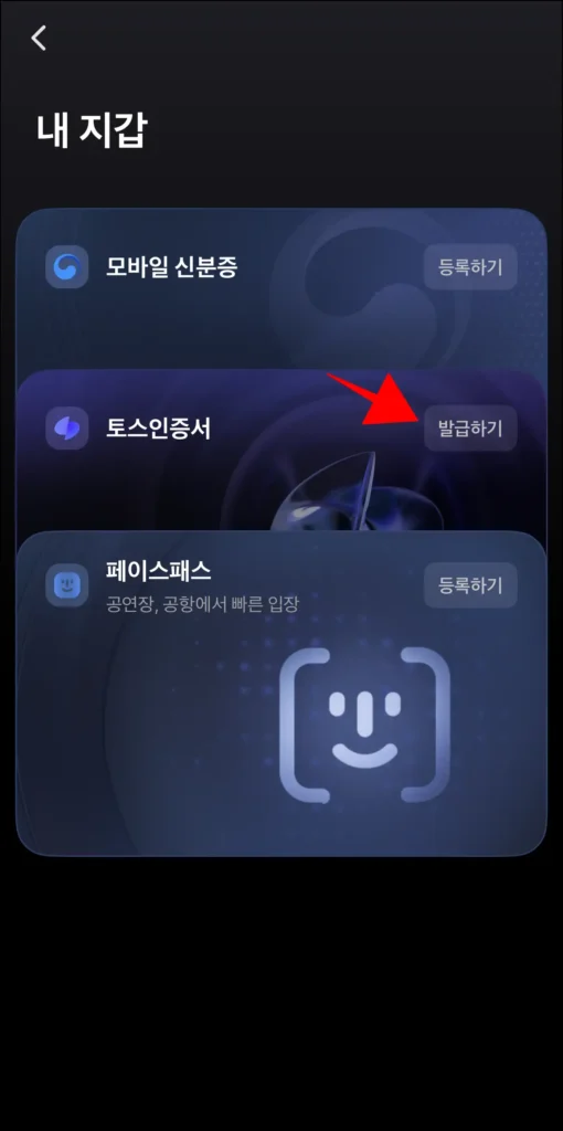 내 지갑 화면의 토스인증서에 표시되는 '발급하기'를 선택