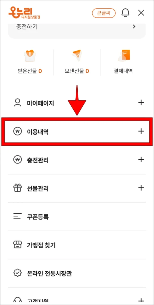디지털 온누리 앱의 전체 메뉴에서 '이용내역' 메뉴를 선택