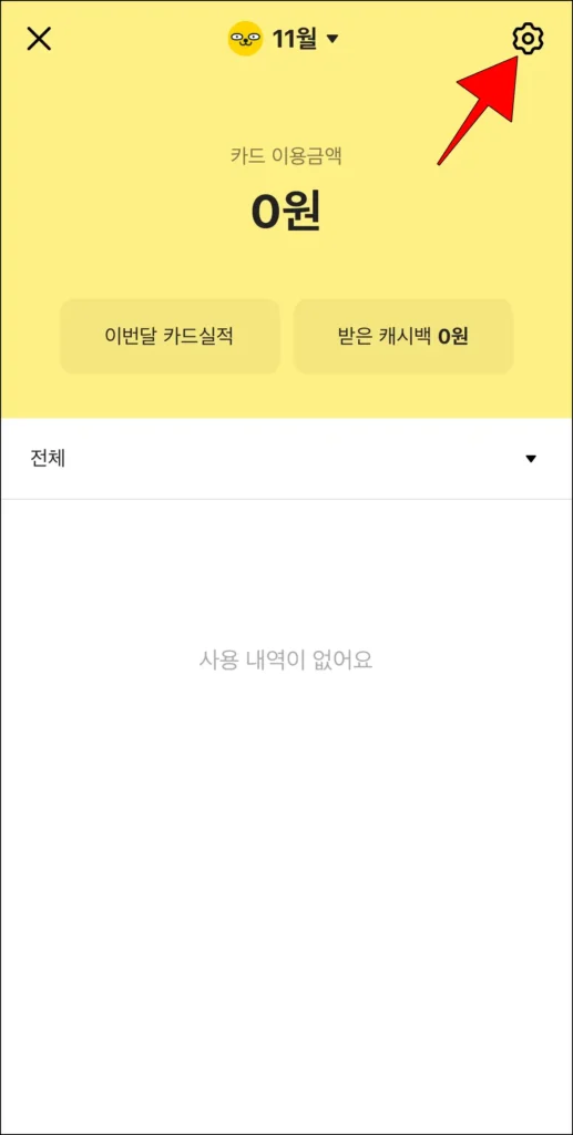카드 사용 내역 화면의 톱니바퀴 버튼을 선택