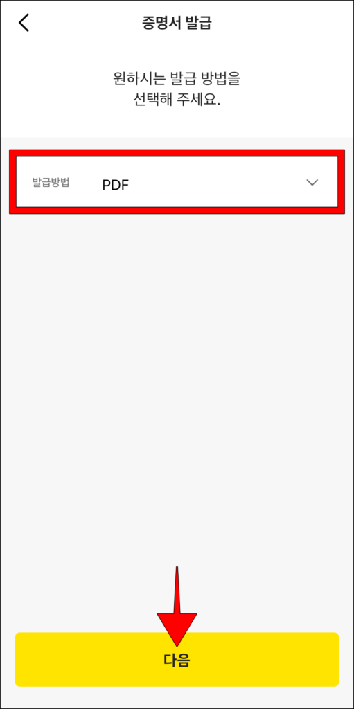 발급 방법으로 PDF를 선택하고, 다음을 선택