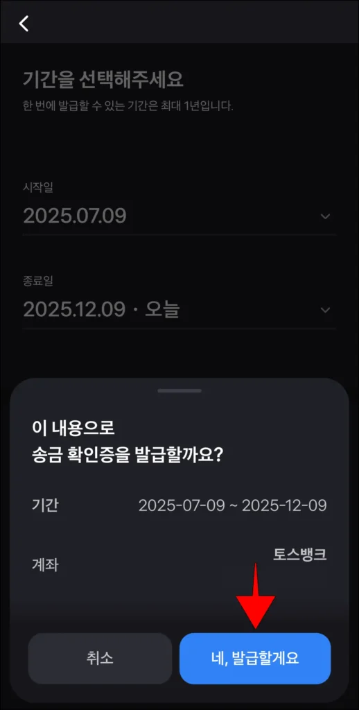 발급 내용을 확인하고, '네, 발급할게요'를 선택
