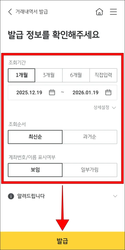 발급 정보를 확인하고, '발급'을 선택