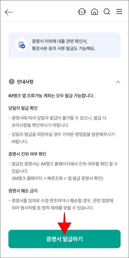 증명서 발급 안내 확인 후, '증명서 발급하기' 선택