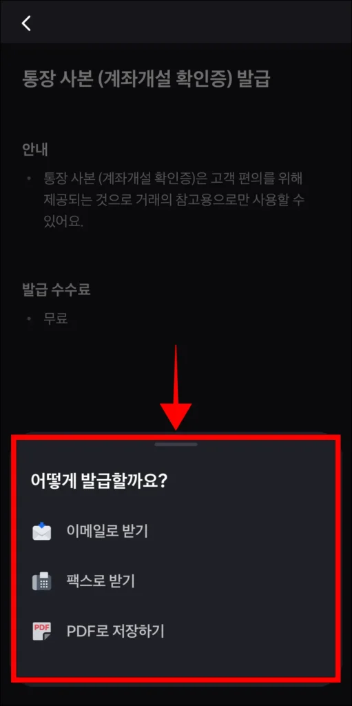 이메일, 팩스, PDF 중 발급받을 방법 선택
