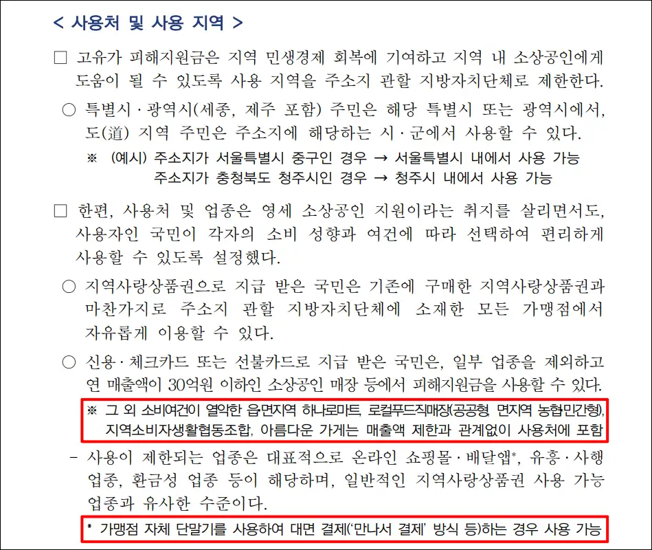 고유가 피해지원금 사용처 및 사용 지역 내용 중 사용 제한 업종의 예외사항