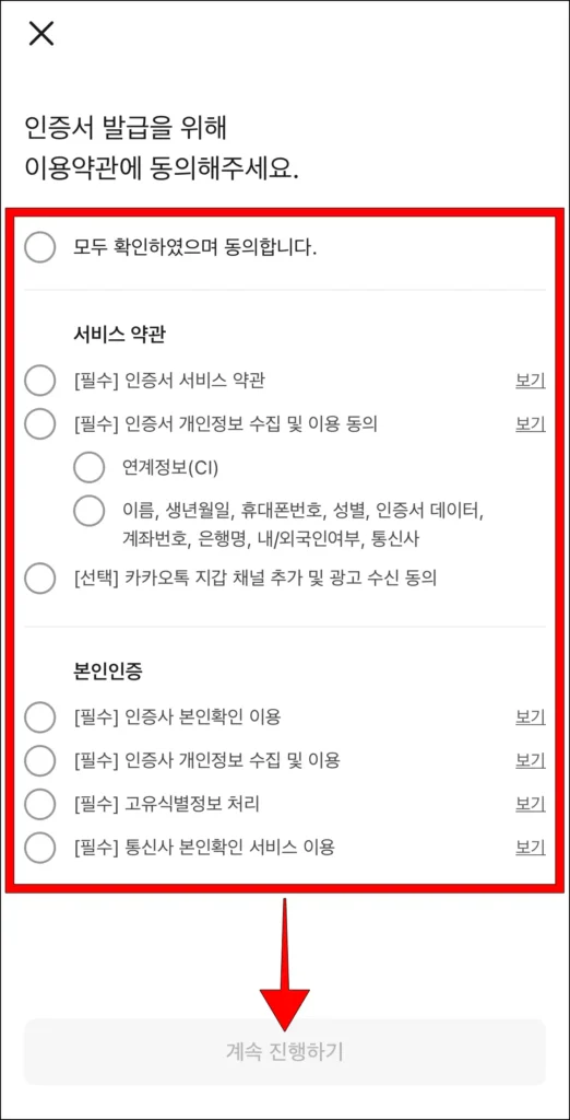 인증서 발급을 위한 이용약관에 동의하고, '계속 진행하기' 선택