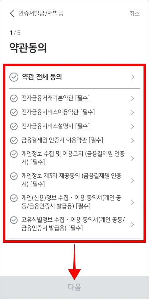 약관 동의 후 '다음' 선택