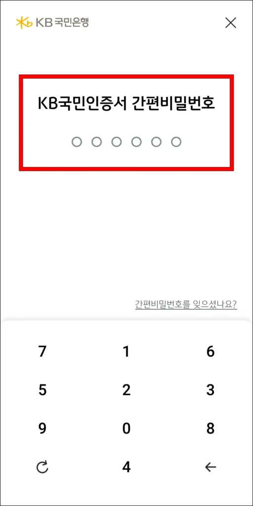 KB국민인증서 간편비밀번호 입력