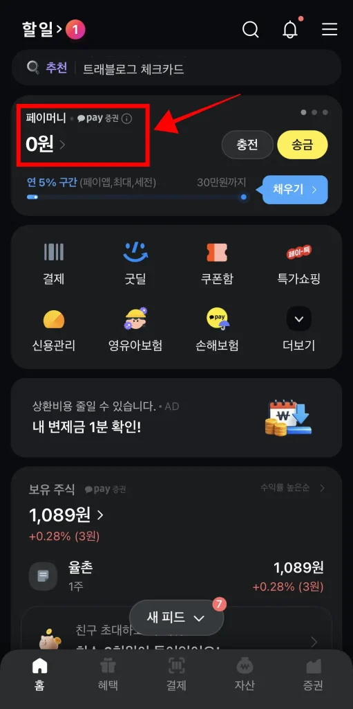 카카오페이 홈 화면에서 '페이머니' 선택