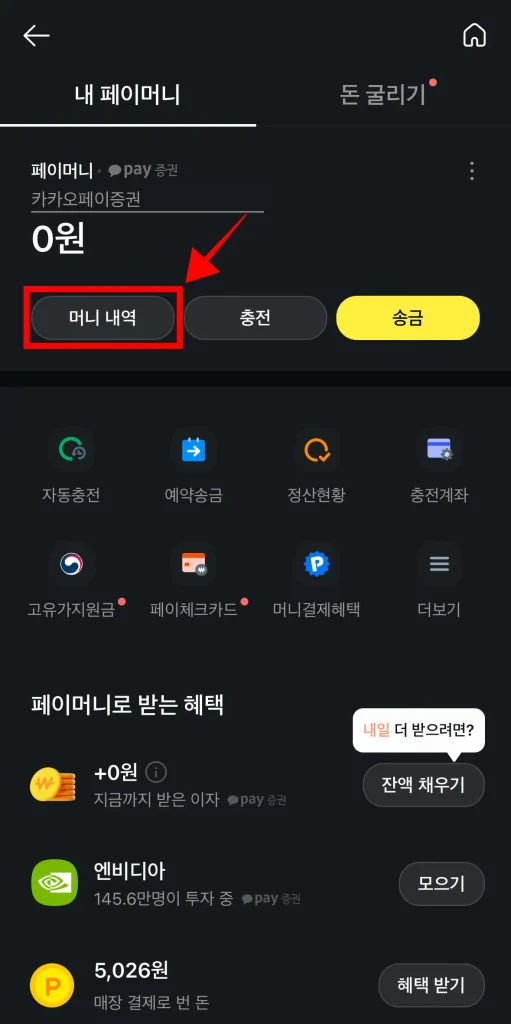 내 페이머니 메뉴 중 '머니 내역' 선택