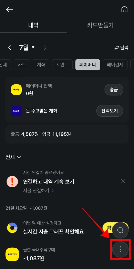 내역 화면 하단의 '⋮' 버튼 선택