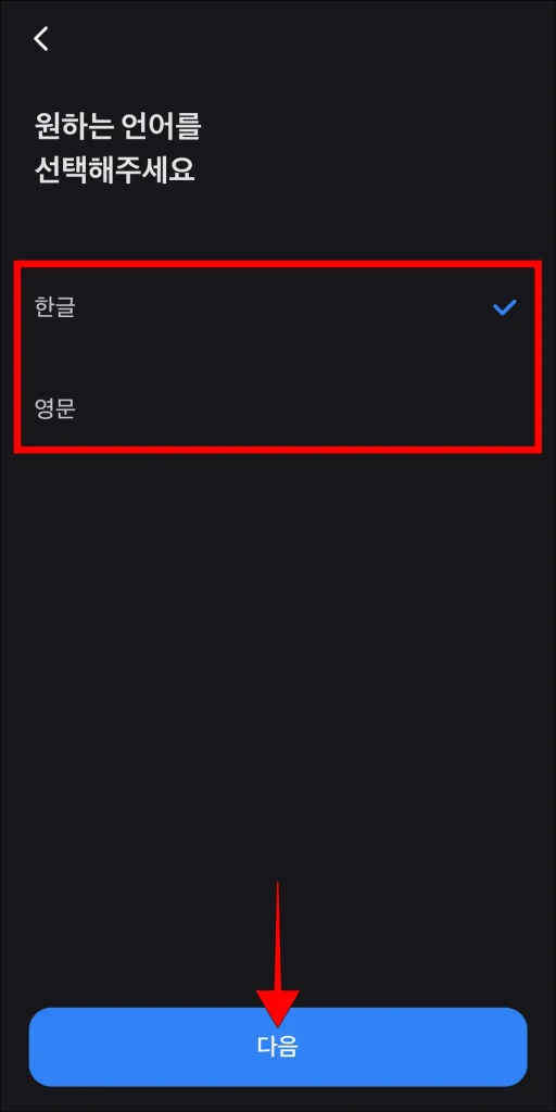 언어 선택 후 '다음' 선택