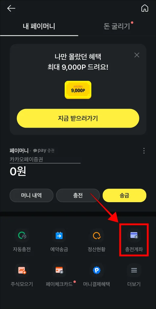 페이머니 메뉴 하단의 '충전계좌' 선택