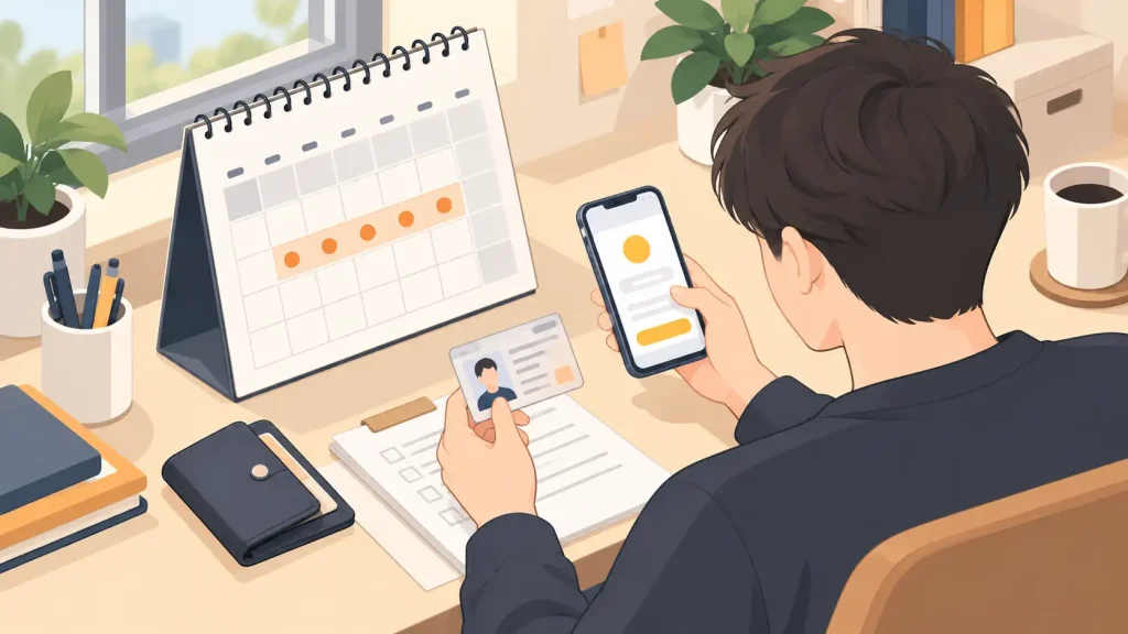 달력을 보며 휴대폰과 신분증을 확인하는 사람