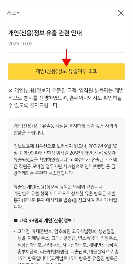 소식 내용 중 '개인(신용)정보 유출 여부 조회' 버튼 선택